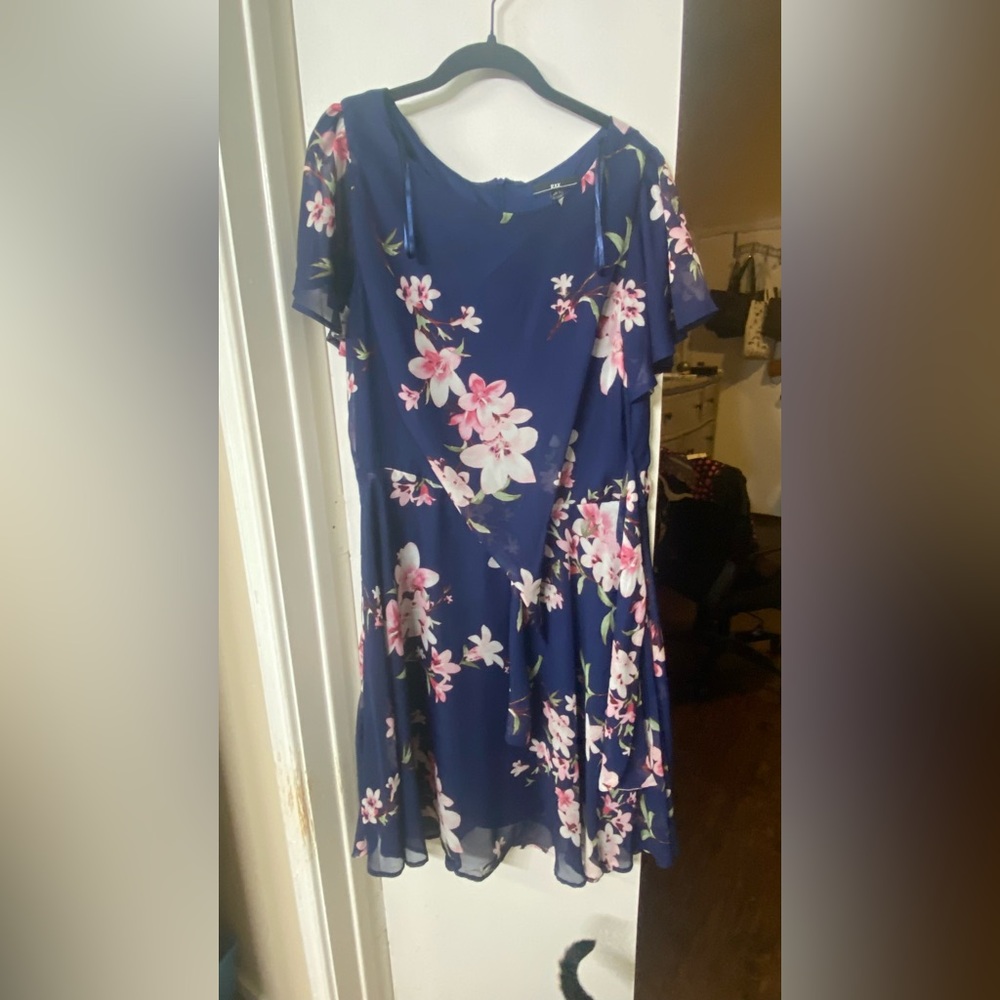 R&K Navy Blue Floral Chiffon Dress Size 16 – Romantic Flowy Style